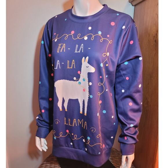 Womens XL Blue Llama Ugly Christmas Oversized Sweatshirt Kitschy Holiday XMas - Picture 1 of 8